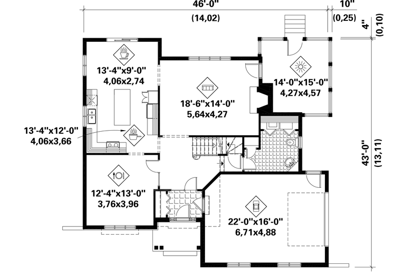 House Blueprint - Floor Plan - Main Floor for European House Plan #25-4801 - 4 bed, 1 bath