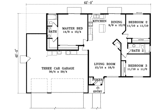 Floor Plan - Main Floor for Adobe / Southwestern House Plan #1-981 - 3 bed, 2 bath