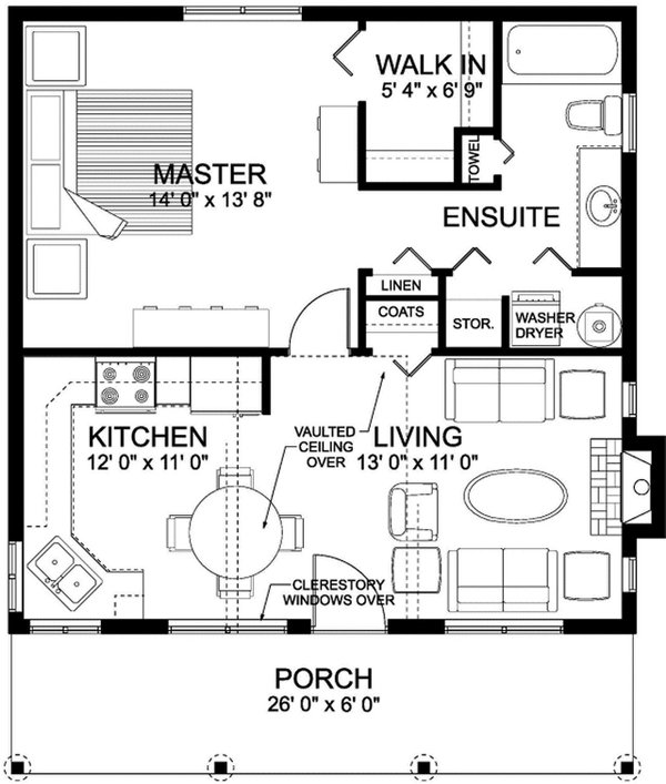 House Blueprint - Floor Plan - Main Floor for Cabin House Plan #126-216 - 1 bed, 1 bath