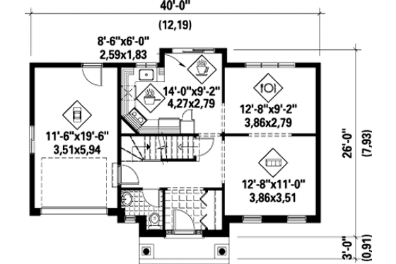 Floor Plan - Main Floor for Colonial House Plan #25-4786 - 3 bed, 1 bath