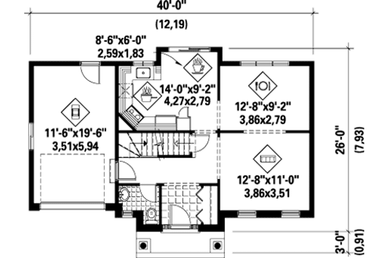 Home Plan - Floor Plan - Main Floor for Colonial House Plan #25-4786 - 3 bed, 1 bath