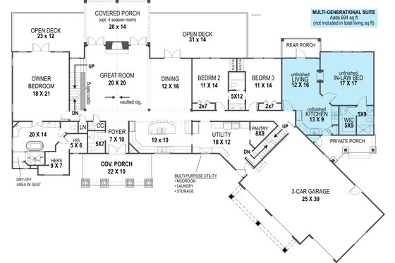 Floor Plan - Main Floor for Ranch House Plan #119-430 - 3 bed, 2.5 bath