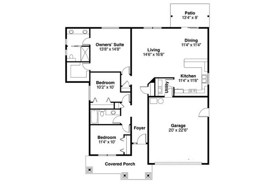 Floor Plan - Main Floor for Craftsman House Plan #124-781 - 3 bed, 2 bath