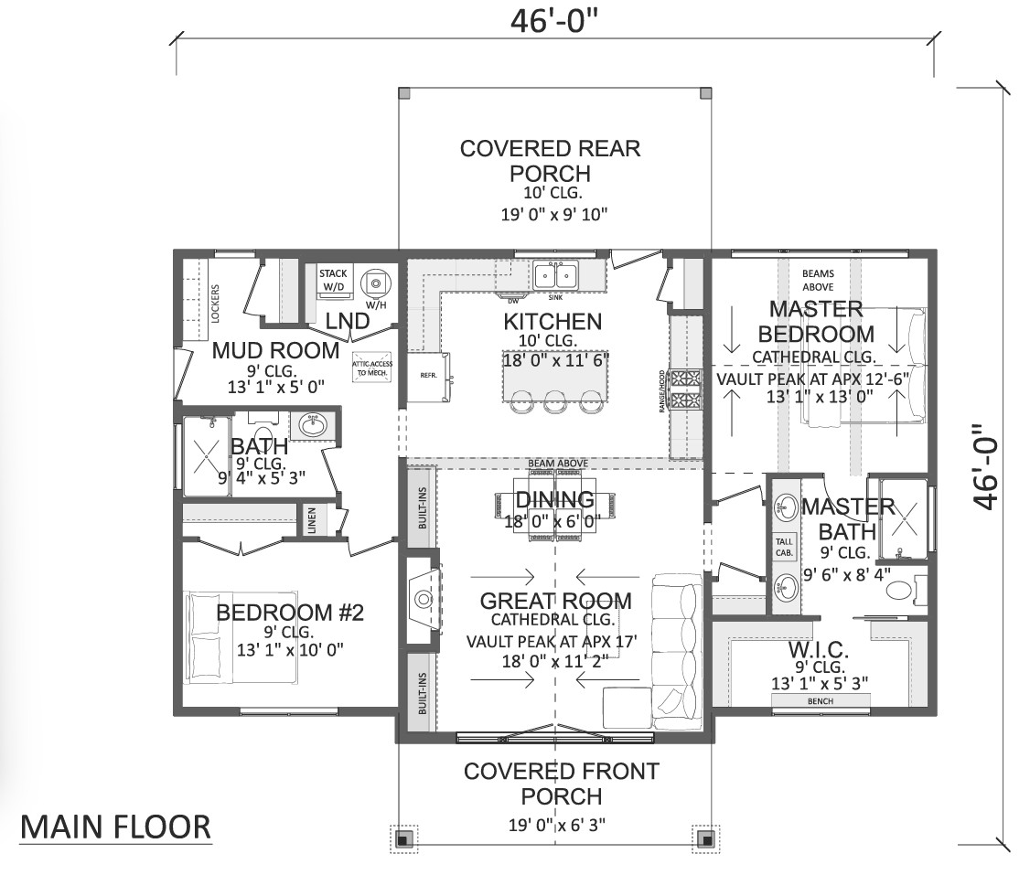 Floor plan of a small house with two bedrooms and an open layout