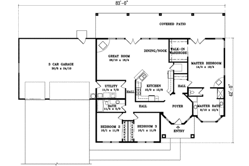 House Blueprint - Floor Plan - Main Floor for Adobe / Southwestern House Plan #1-944 - 3 bed, 2 bath