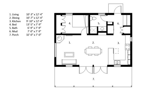 Floor Plan - Main Floor for Cabin House Plan #497-14 - 1 bed, 1 bath