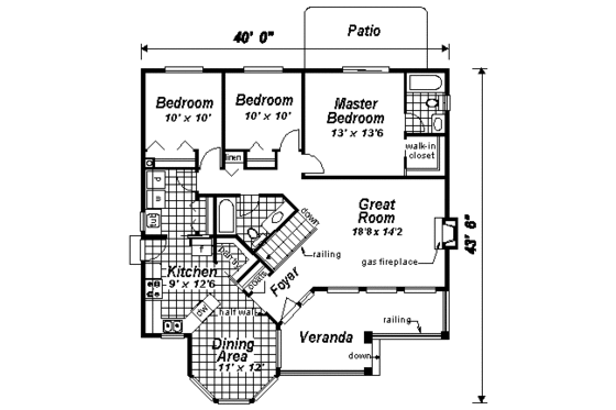 Floor Plan - Main Floor for Cottage House Plan #18-1034 - 3 bed, 2 bath