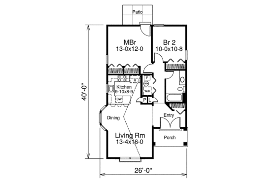 Floor Plan - Main Floor for Cottage House Plan #57-380 - 2 bed, 1 bath