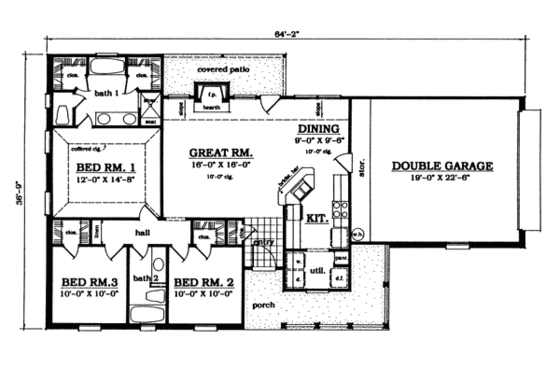 Floor Plan - Main Floor for Ranch House Plan #42-103 - 3 bed, 2 bath
