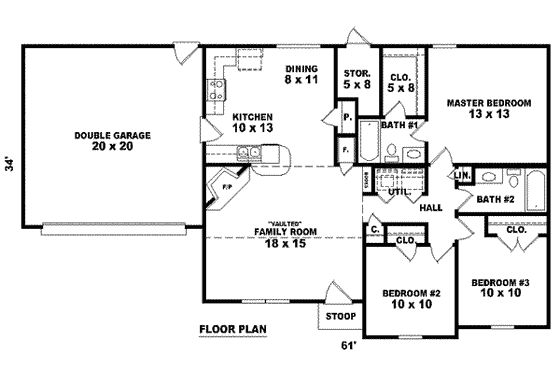 Floor Plan - Main Floor for Ranch House Plan #81-1383 - 3 bed, 2 bath