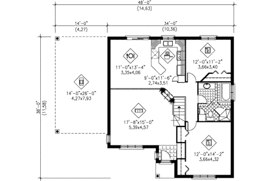 Floor Plan - Main Floor for Traditional House Plan #25-1157 - 2 bed, 1 bath
