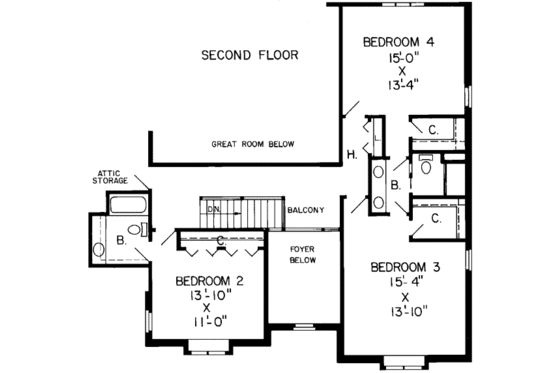 Floor Plan - Upper Floor for European House Plan #312-106 - 4 bed, 4 bath