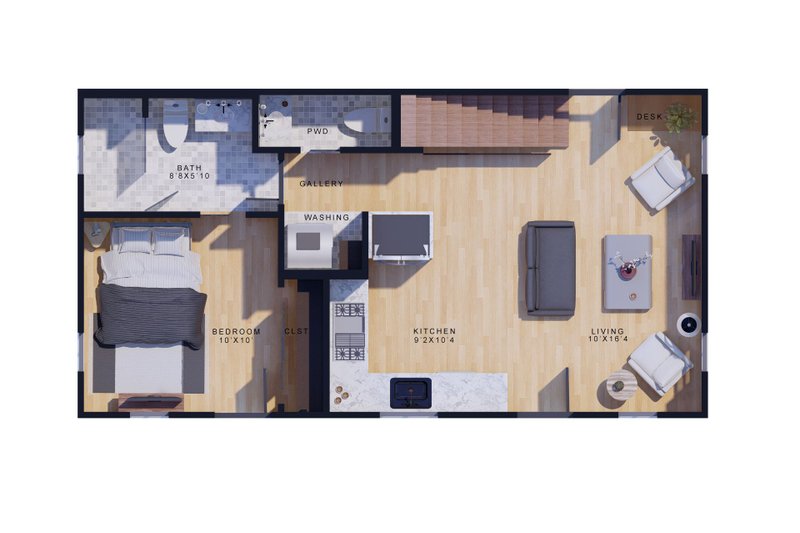 House Design - Floor Plan - Main Floor for Contemporary House Plan #1110-1 - 1 bed, 1.5 bath