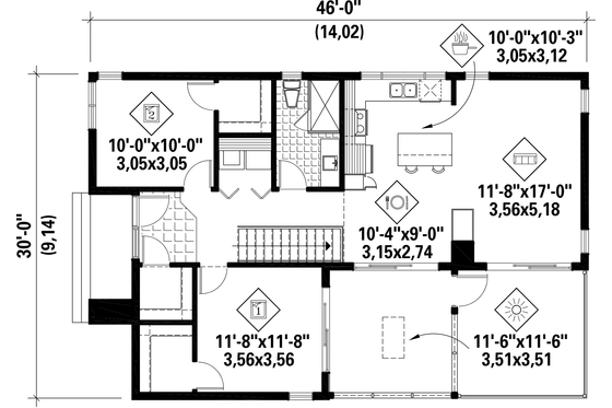 Floor Plan - Main Floor for Contemporary House Plan #25-4573 - 2 bed, 1 bath