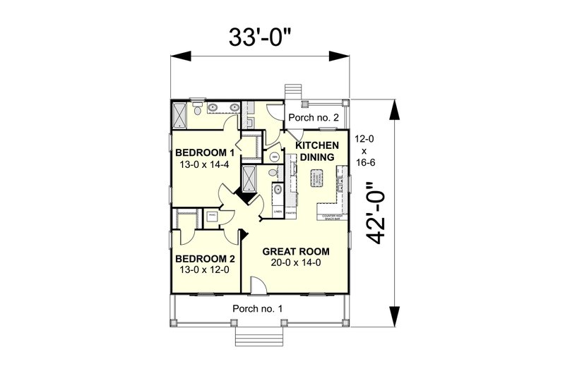 Architectural House Design - Floor Plan - Main Floor for Country House Plan #44-188 - 2 bed, 2 bath