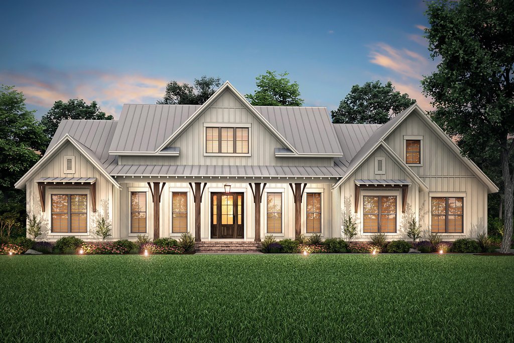 Farmhouse Style House Plan 3 Beds 2 5, One Story Brick House Plans With Wrap Around Porch And Tin Roof