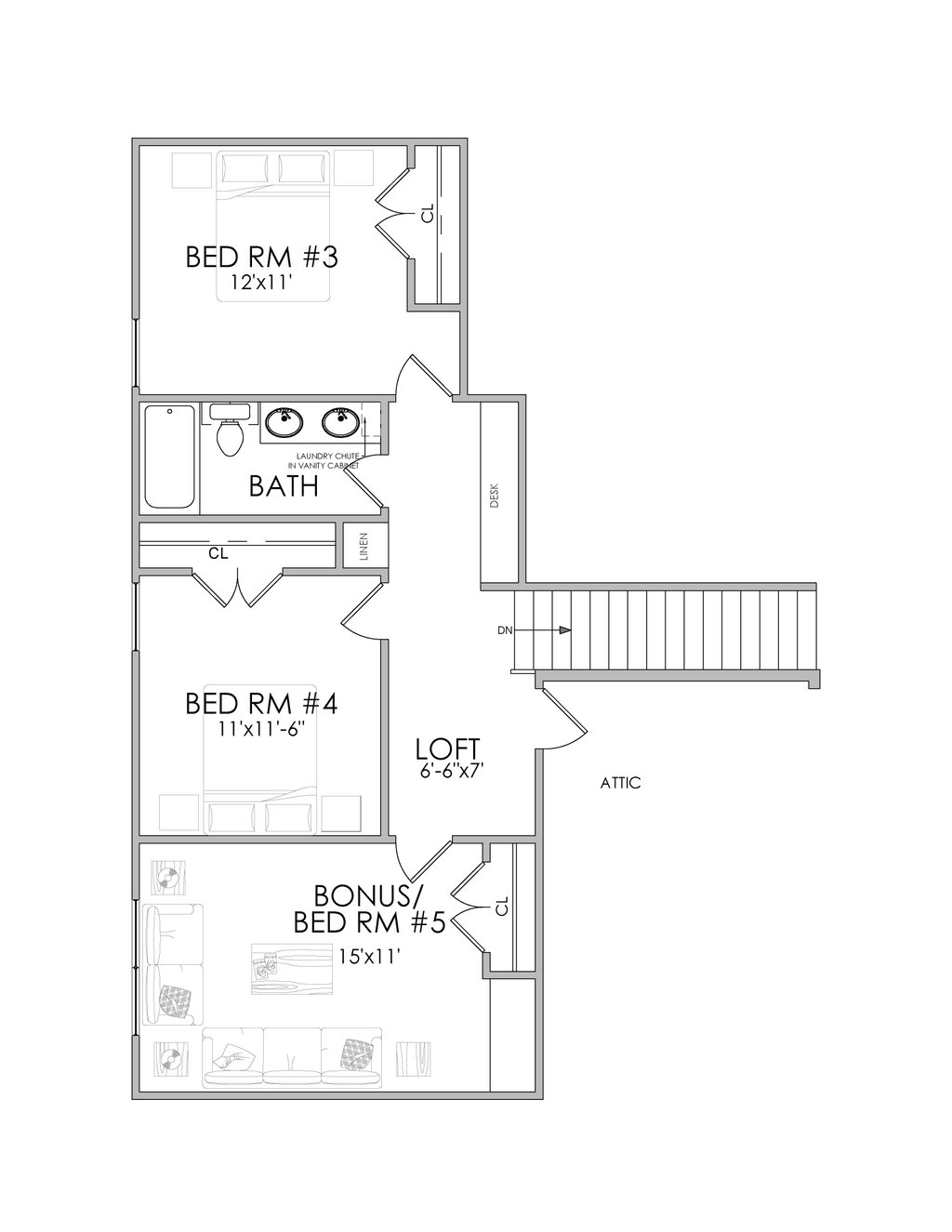 Floor Plan - Upper Floor for Traditional House Plan #1098-15 - 5 bed, 3 bath