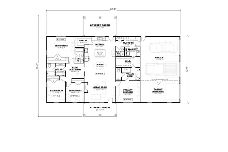House Blueprint - Floor Plan - Main Floor for Barndominium House Plan #1117-7 - 4 bed, 3.5 bath