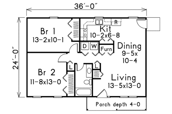 Floor Plan - Main Floor for Cottage House Plan #57-220 - 2 bed, 1 bath