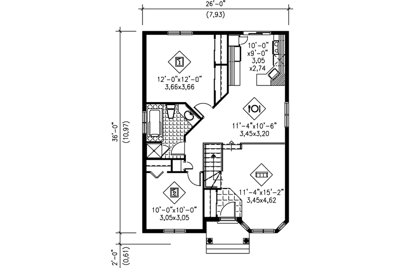 Dream House Plan - Floor Plan - Main Floor for European House Plan #25-1002 - 2 bed, 1 bath