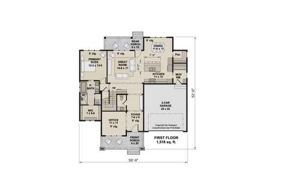 House Blueprint - Floor Plan - Main Floor for Bungalow House Plan #51-1364 - 4 bed, 3.5 bath