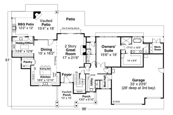 Floor Plan - Main Floor for Craftsman House Plan #124-1229 - 3 bed, 2.5 bath