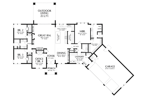 Floor Plan - Main Floor for Prairie House Plan #48-1105 - 4 bed, 2.5 bath