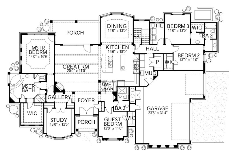 House Blueprint - Floor Plan - Main Floor for Mediterranean House Plan #80-206 - 4 bed, 3.5 bath