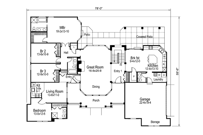 Home Plan - Floor Plan - Main Floor for Southern House Plan #57-355 - 4 bed, 3.5 bath