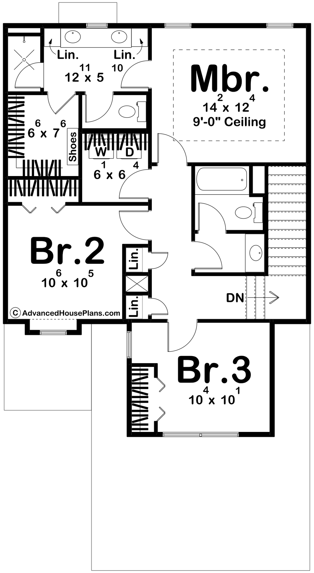 Narrow-lot house plan, upper level. Plan 455-530 at Houseplans.com.