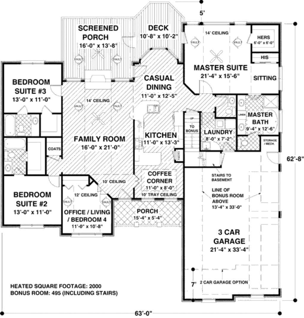 Ranch Style House Plan 4 Beds 3.5 Baths 2000 Sq/Ft Plan