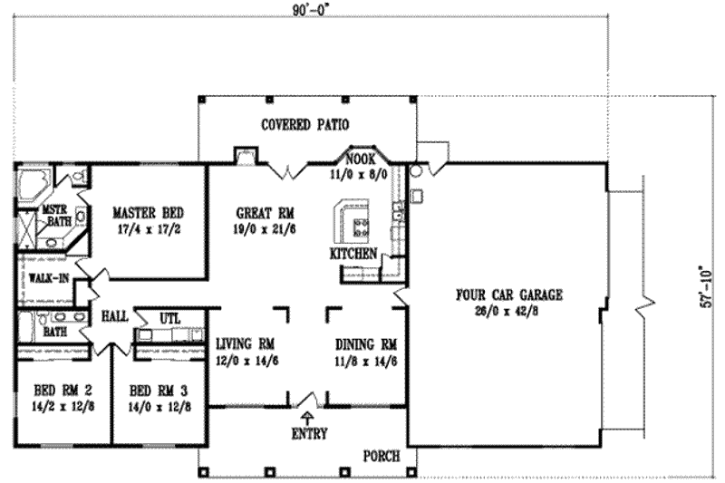 Home Plan - Floor Plan - Main Floor for Southern House Plan #1-1084 - 3 bed, 2 bath