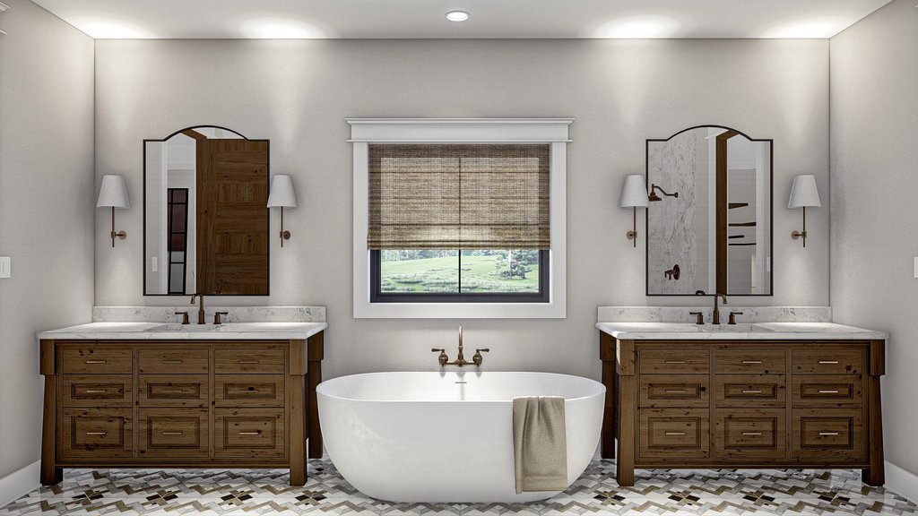 Barndominium shop-house plan, interior main bathroom