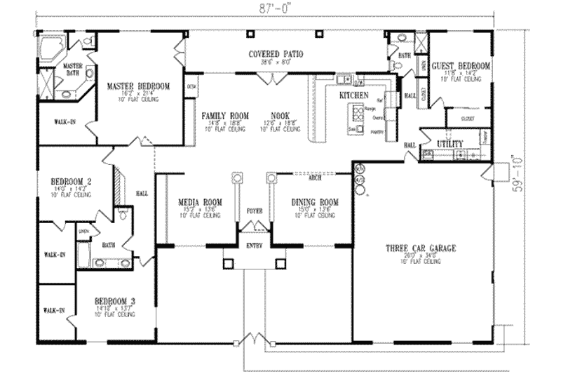 Home Plan - Floor Plan - Main Floor for Adobe / Southwestern House Plan #1-807 - 4 bed, 3 bath