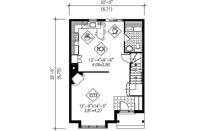 House Blueprint - Floor Plan - Main Floor for European House Plan #25-2076 - 3 bed, 2 bath