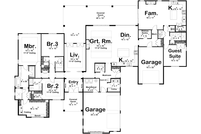 House Blueprint - Floor Plan - Main Floor for Farmhouse House Plan #455-770 - 4 bed, 4.5 bath