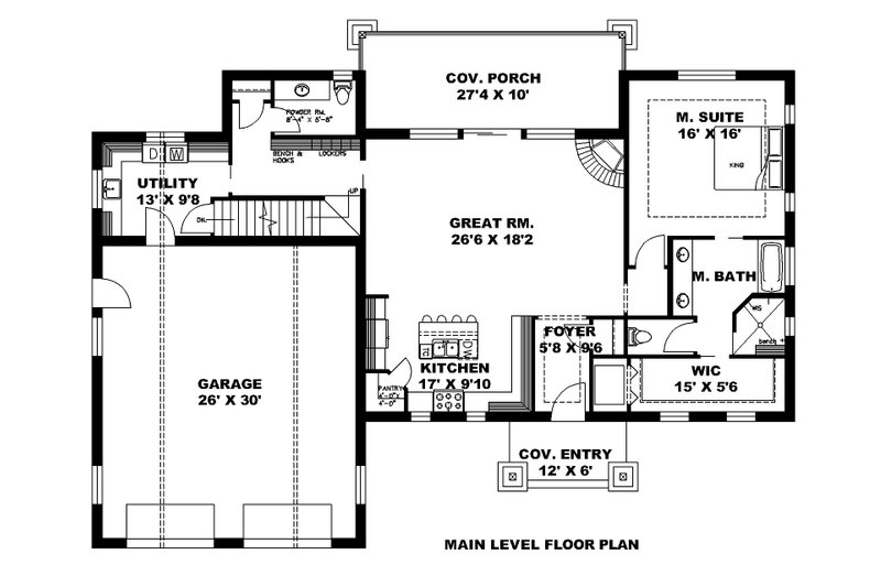 House Design - Floor Plan - Main Floor for Craftsman House Plan #117-1034 - 3 bed, 2.5 bath