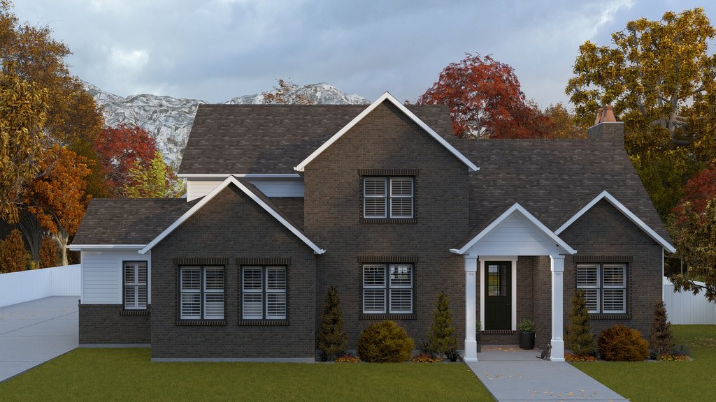 Large brick house with trees and mountains in the background