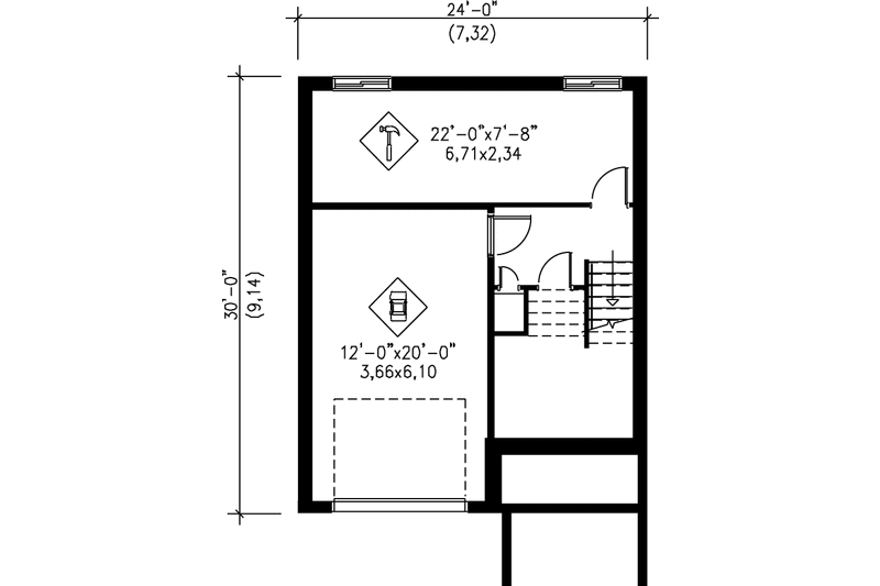 House Blueprint - Floor Plan - Lower Floor for European House Plan #25-2142 - 2 bed, 1.5 bath