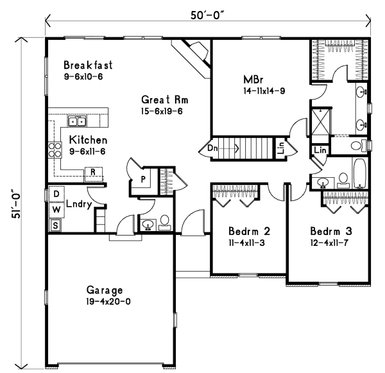 Floor Plan - Main Floor for Ranch House Plan #22-580 - 3 bed, 2.5 bath
