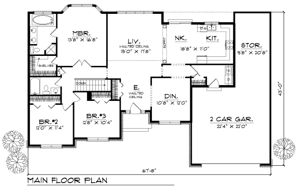 Floor Plan - Main Floor for Ranch House Plan #70-650 - 3 bed, 2 bath