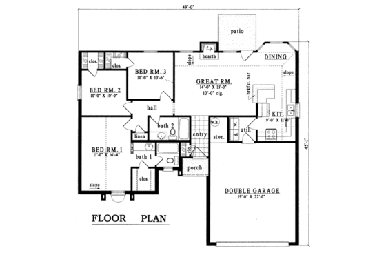 Floor Plan - Main Floor for Traditional House Plan #42-184 - 3 bed, 2 bath