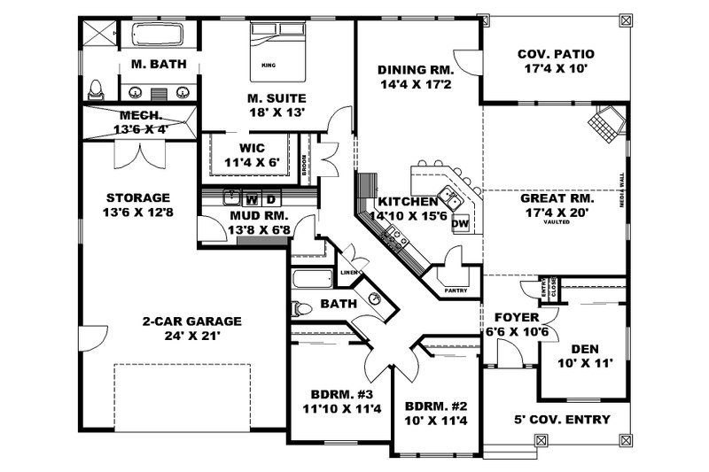 Home Plan - Floor Plan - Main Floor for Traditional House Plan #117-1065 - 4 bed, 2 bath