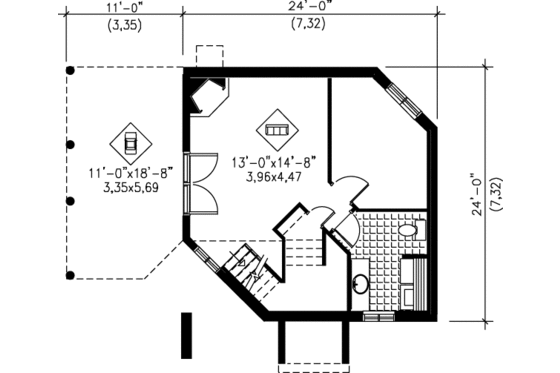 Floor Plan - Lower Floor for Cottage House Plan #25-1118 - 1 bed, 2 bath