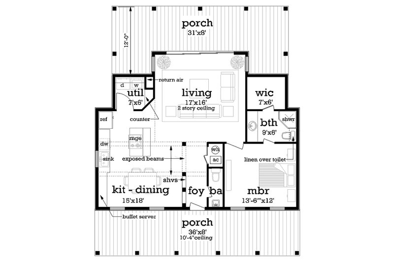 Architectural House Design - Floor Plan - Main Floor for Cottage House Plan #45-581 - 1 bed, 1.5 bath