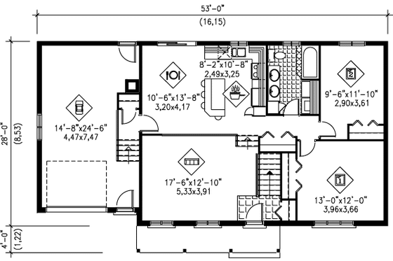 Floor Plan - Main Floor for Ranch House Plan #25-1022 - 2 bed, 1 bath