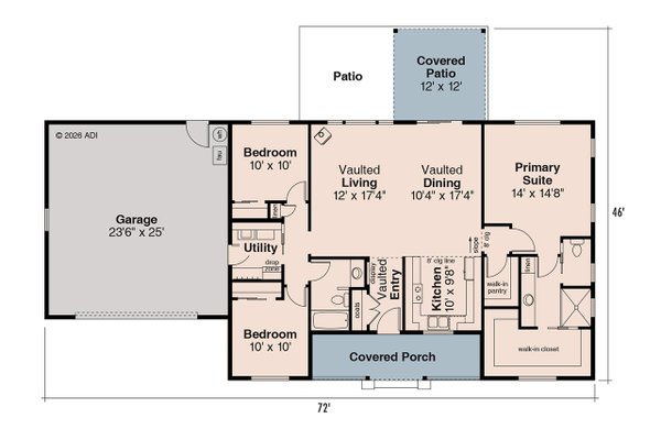 House Design - Floor Plan - Main Floor for Ranch House Plan #124-1470 - 3 bed, 2 bath