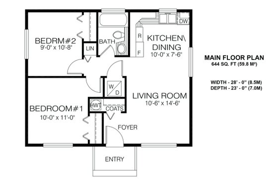 Floor Plan - Main Floor for Cottage House Plan #1100-66 - 2 bed, 1 bath