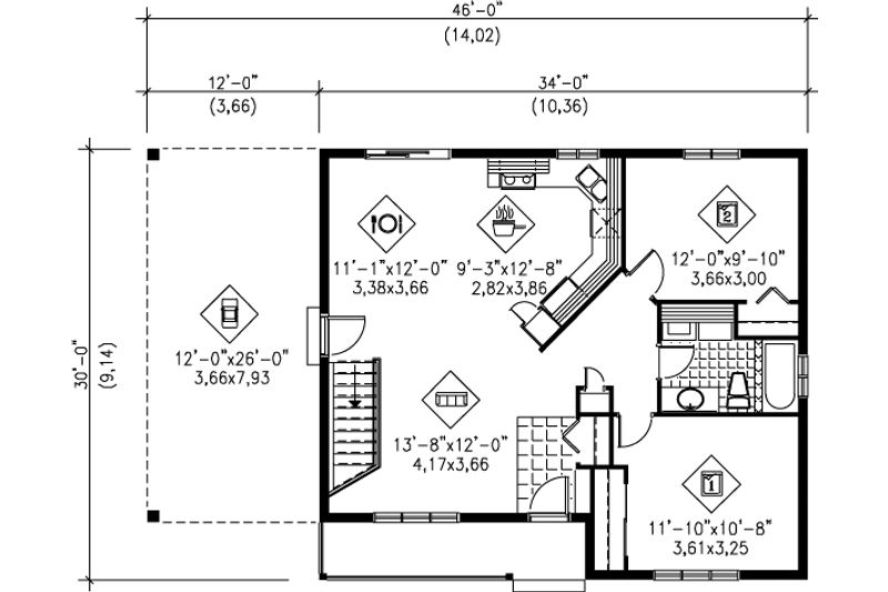 Dream House Plan - Floor Plan - Main Floor for Ranch House Plan #25-1092 - 2 bed, 1 bath
