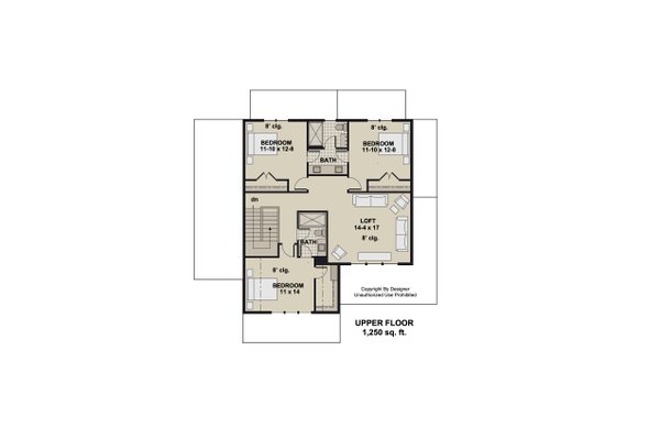 House Blueprint - Floor Plan - Upper Floor for Bungalow House Plan #51-1364 - 4 bed, 3.5 bath